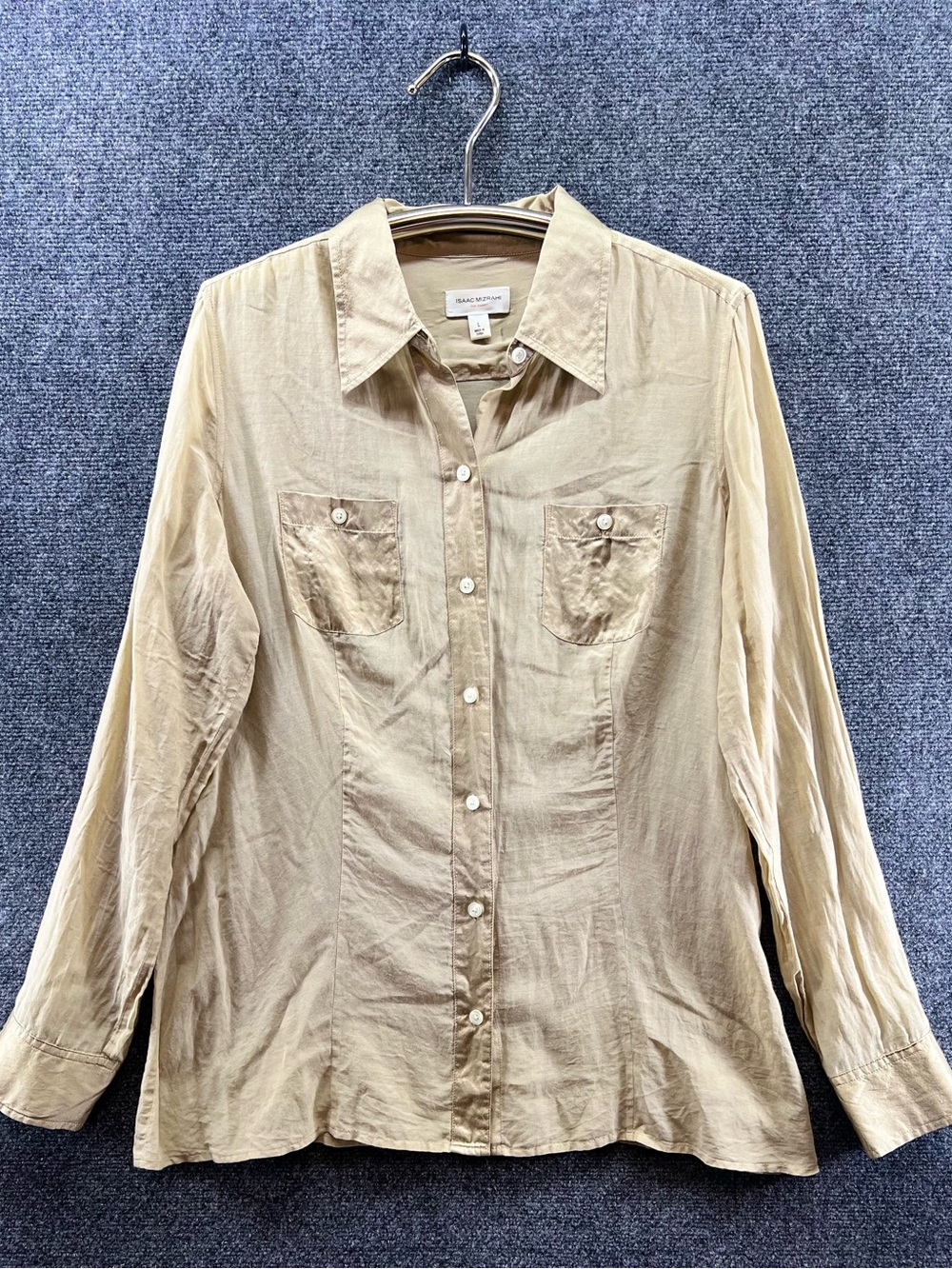 Vtg Izaac Mizrahi Button Up Blouse Large Gold Sheer‎ Cotton Silk Quiet Luxury